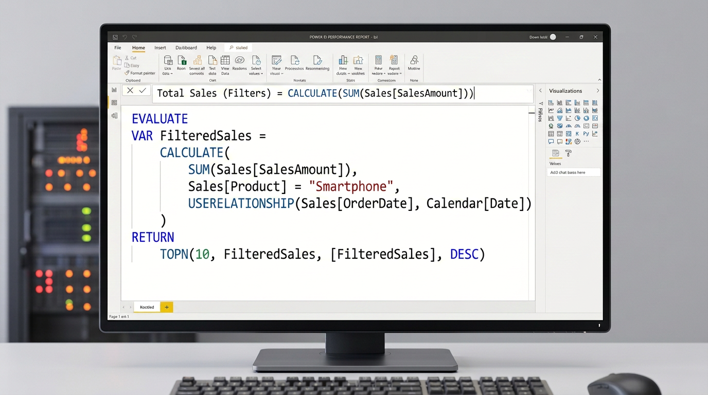 Editor DAX de Power BI mostrando función CALCULATE con parámetros